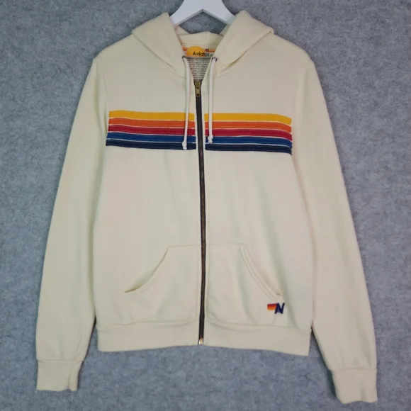 Aviator Nation 5 Stripe Zip Hoodie in Vintage White Medium - Picture 2 of 8